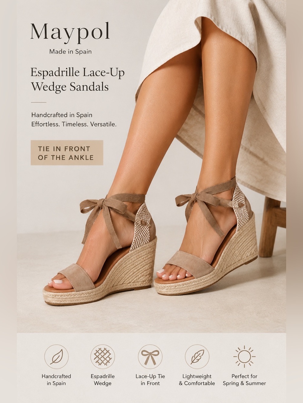Maypol Spain Espadrille Lace-Up Wedge Sandals EU 40 Neutral Raffia NWOT